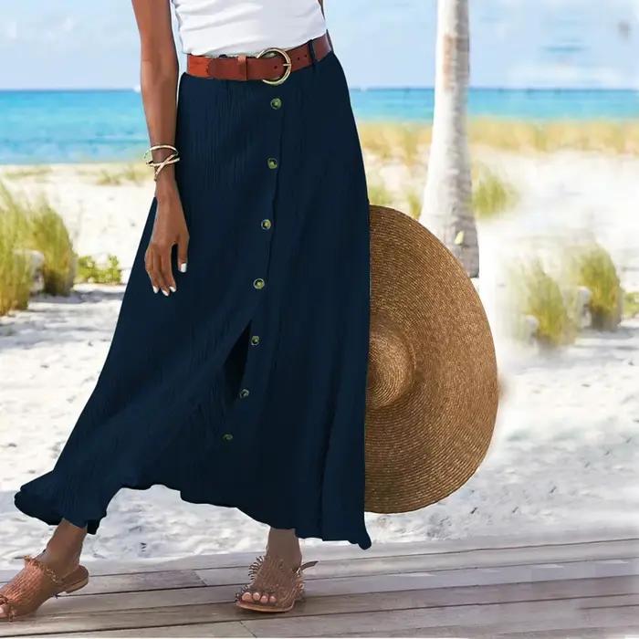 Jupe longue fendue en coton et lin pour femmes, nouvelle mode, décontractée, couleur unie, boutons d