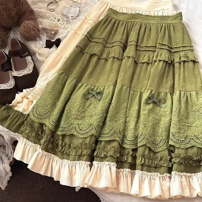 Mori Girl Style Lolita jupe Midi femmes Vintage broderie dentelle florale nœud volants jupes longues
