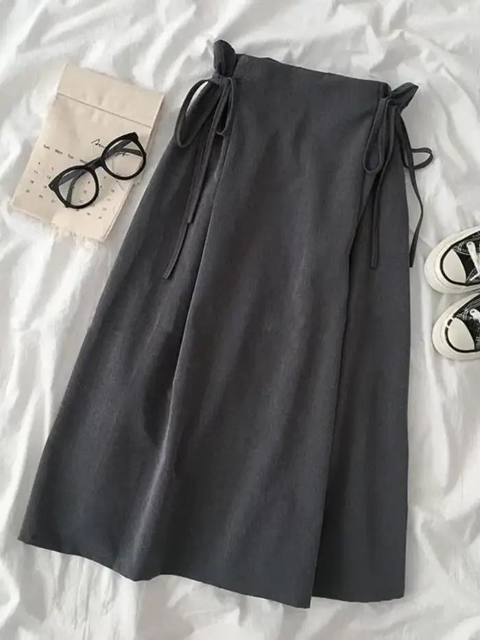 Jupes taille haute à lacets pour femmes, jupes mi-mollet, mode coréenne, dame de bureau, monochromat