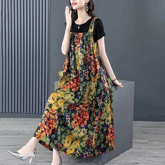 Ensembles de robes longues à fleurs cassées vintage pour femmes, manches courtes, vêtements décontra