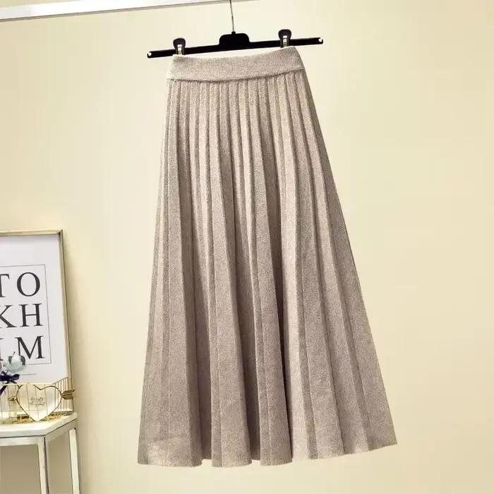 Jupe plissée en tricot pour femme 2026, style coréen, unie, élégante, mi-longue, douce, taille haute