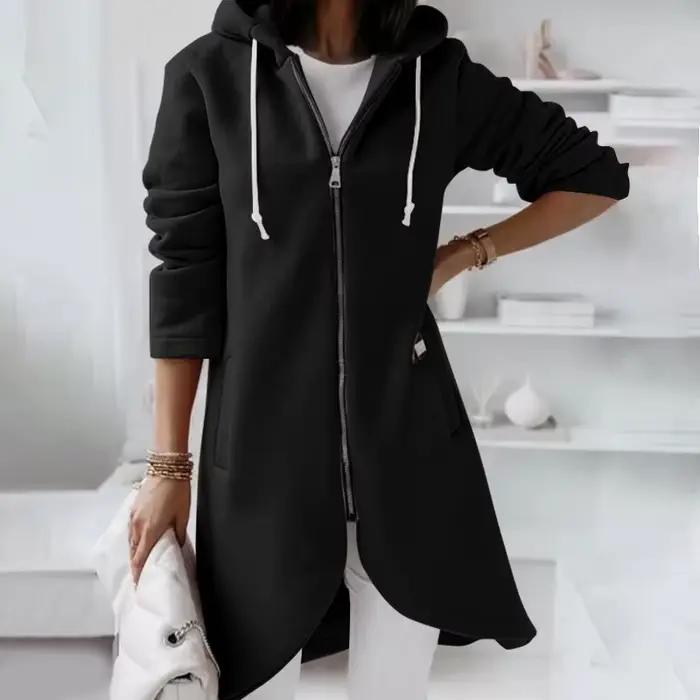 Veste à Capuche Longue pour Femme, Manteau avec Fermeture Éclair, Couleur Unie, Décontracté, Poches,
