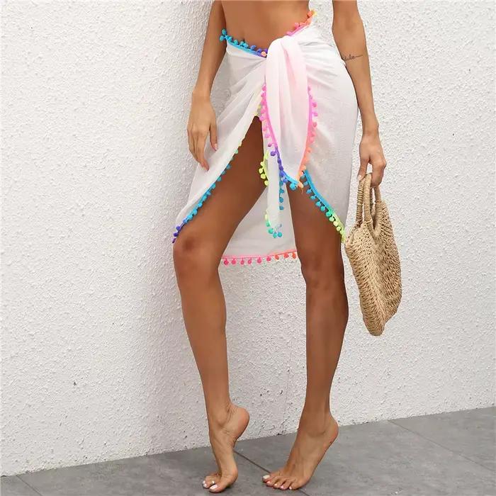 LAMUUSAA-Jupe de Plage Sexy en Maille Transparente pour Femme, Bikini avec Pompons Colorés, Sarong