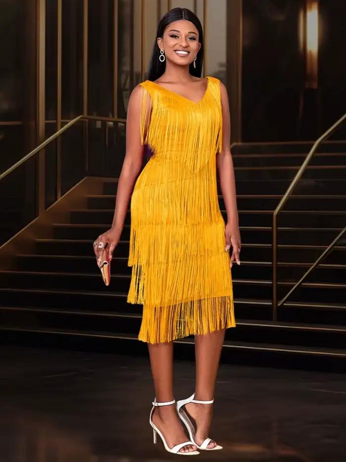 Robes mi-longues à franges jaunes pour femmes, col en V, sans manches, franges superposées, taille h