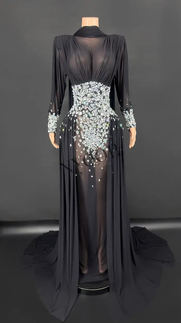 Robe longue élégante en strass pour femmes, maille Sexy transparente, tenue de soirée, bal d'anniver