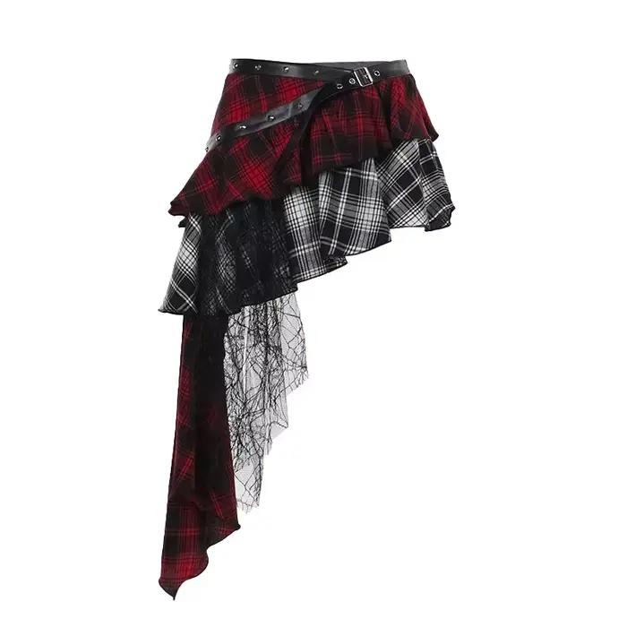 Jupe Gothique Harajuku Grunge pour Femme, Streetwear, Punk, Plaid Foncé, Patchwork Irrégulier, Y2K, 