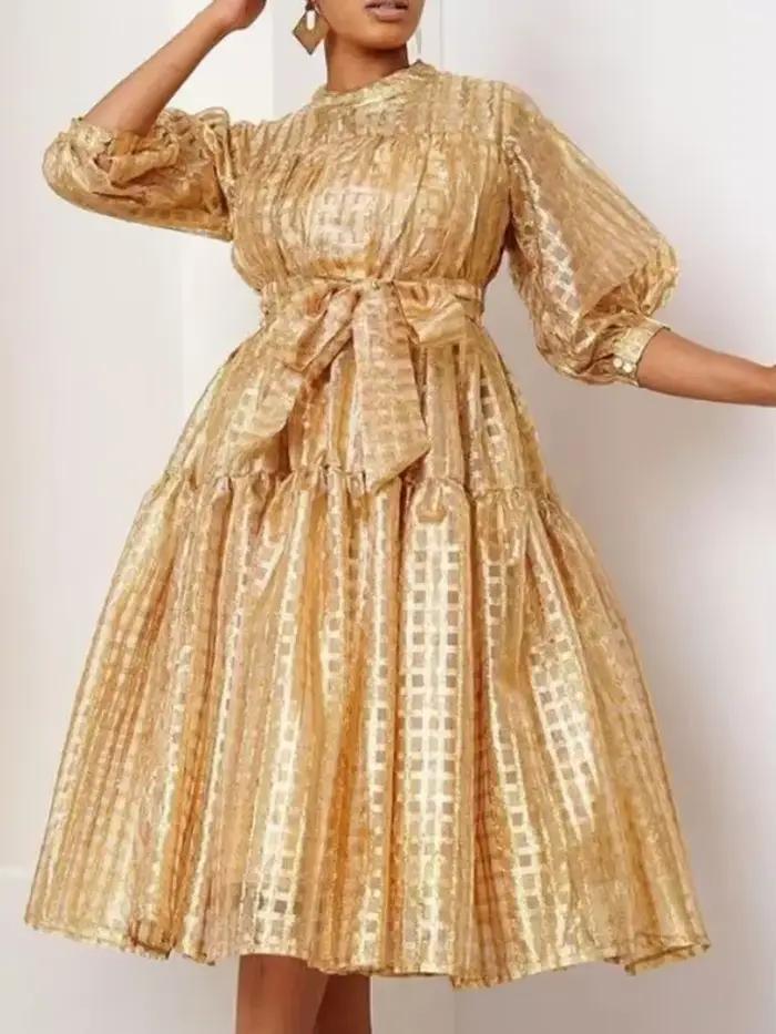 Robe Mi-Longue Élégante à Manches Demi Lanterne pour Femme, Col Rond, Plaid, Décontracté, Travail de
