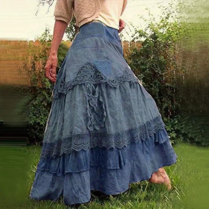 Jupe longue en dentelle pour femmes, style Boho, à plusieurs niveaux, filet évasé, boutons élégants,