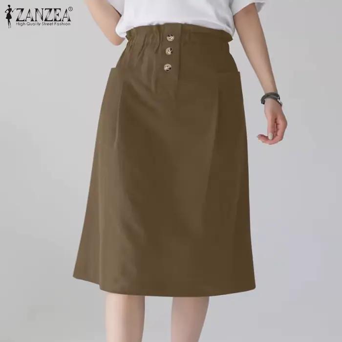 ZANZEA-Jupe trapèze longueur genou pour femme, élégante, couleur unie, décontractée, élastique, tail