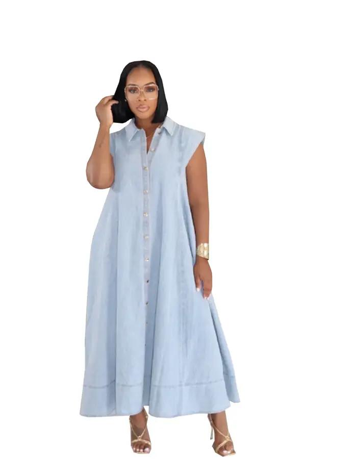 Jupe longue vintage en jean amincissante avec poches, fente haute, détails boutonnés, coupe ample, s