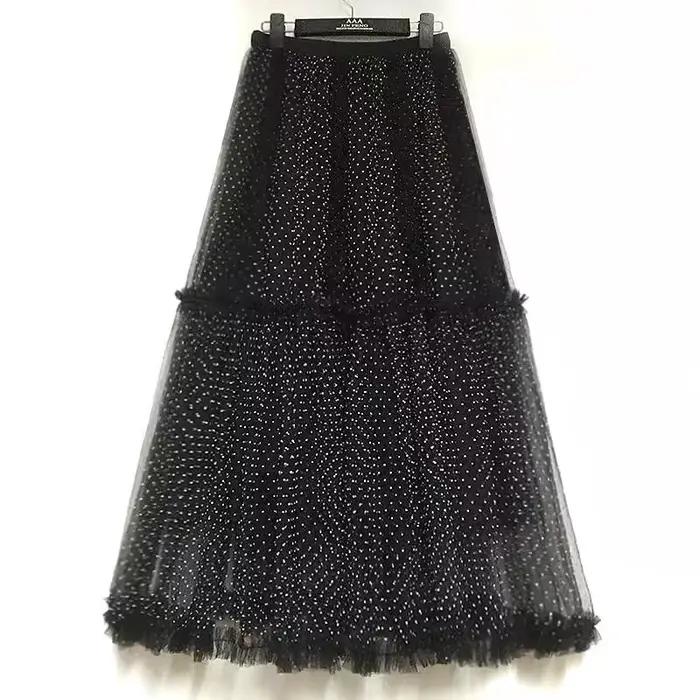 Jupe mi-longue à pois à volants français, blocs de couleurs, jupes bouffantes drapées taille haute p