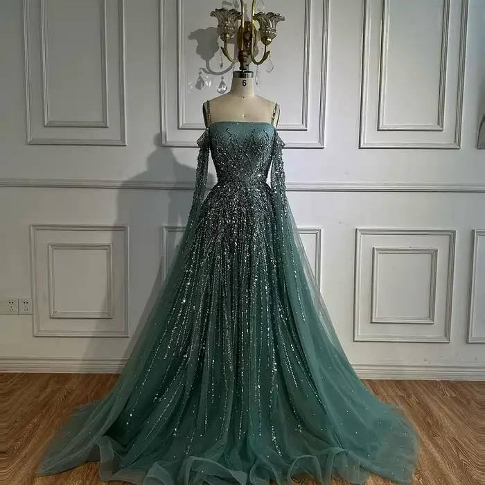 Robe de soirée de luxe ligne A, Turquoise, avec Cape à manches longues, pour occasions formelles, Se