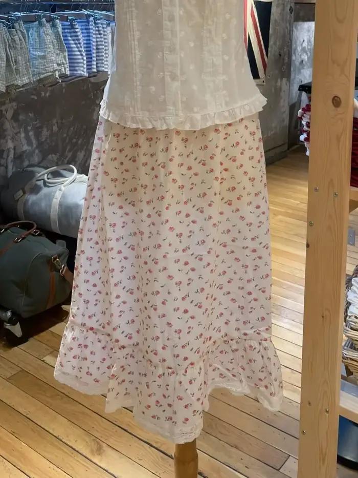 Jupes mi-longues à fleurs rouges pour femmes, garniture en dentelle, ligne a, longues, nouveau Style