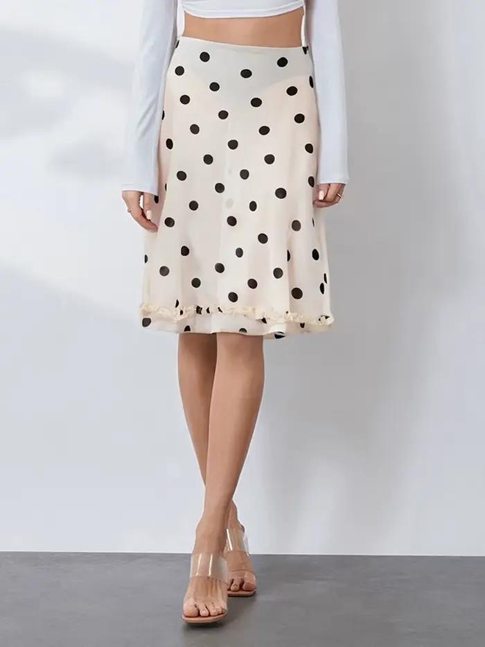 Jupe mi-longue transparente pour femme, taille basse, ourlet à volants, motif à pois, jupe transpare