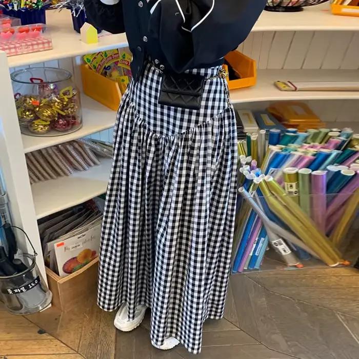 Jupe longue vintage à carreaux pour femme, taille haute, élastique, patchwork, volants, Harajuku, co