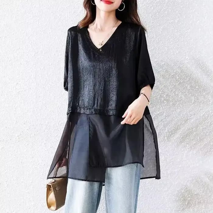 Chemisier élégant en mousseline noir à col en V pour femme, coupe ample, tunique décontractée, haut 