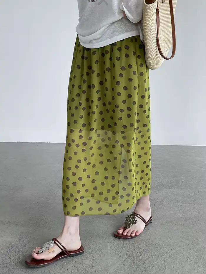 [EAM] Jupe mi-longue trapèze en mousseline à pois verts, taille haute élastique, fente arrière, pour