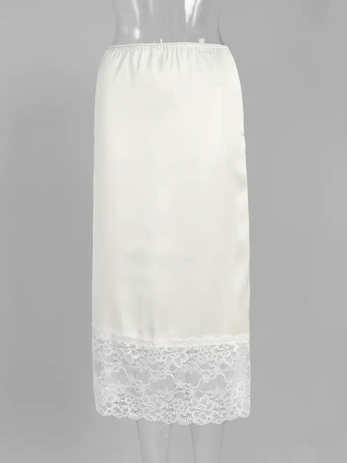 Dentelle Patchwork Satin jupe Midi femmes dentelle garniture taille élastique mince élégant jupes lo