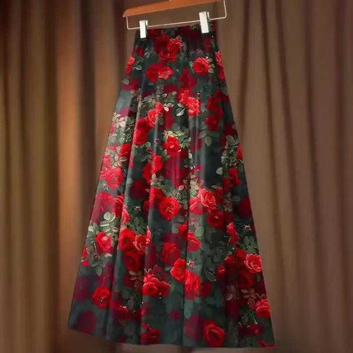 Jupe Vintage florale femmes 2025 Faldas Mujer De Moda taille haute grande balançoire Jupe mode corée