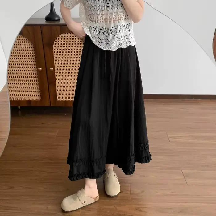 Jupe longue décontractée pour femme, couleur unie, à volants, taille élastique, coupe trapèze, blanc