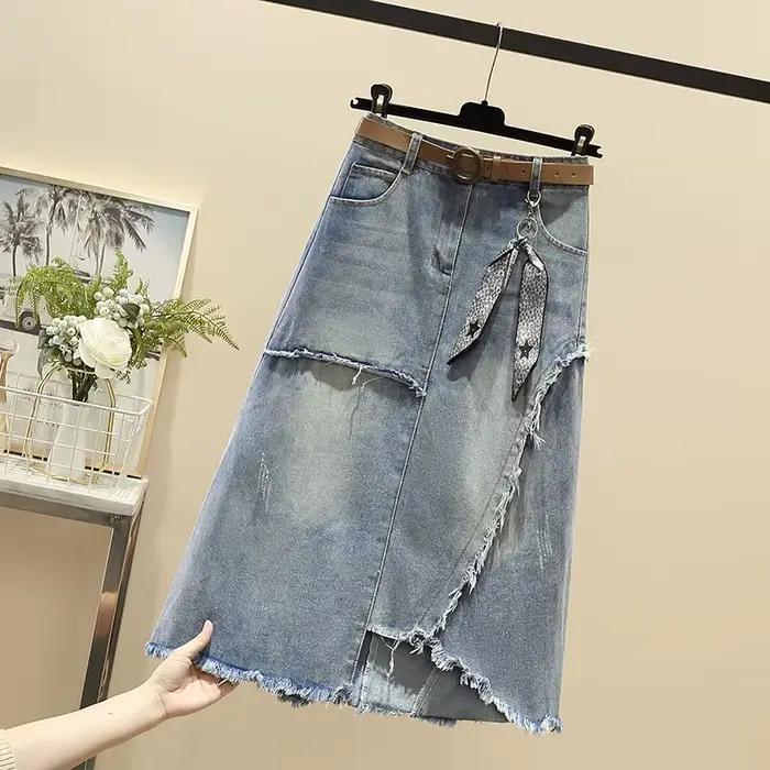 2025 nouvelles femmes jupe bleue longues jupes en jean Style coréen mode trou jupes surdimensionnées