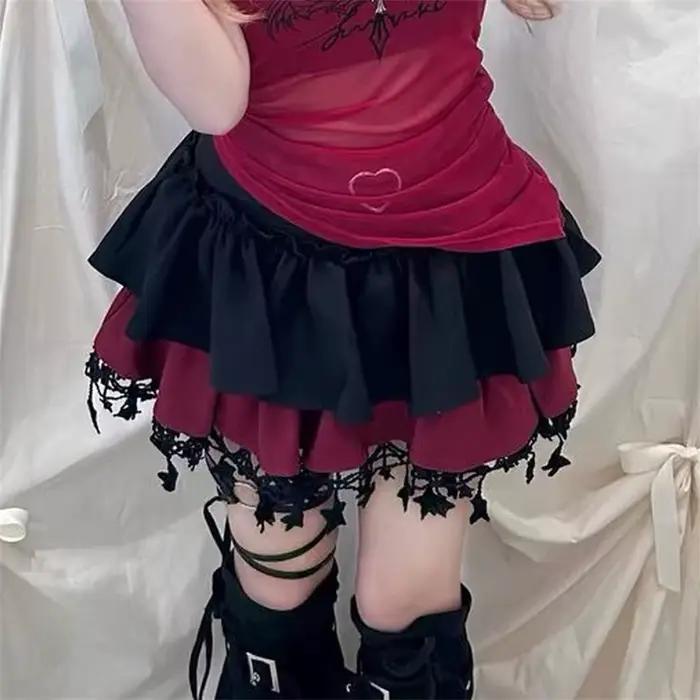 2025 2000s Punk noir rouge Kawaii à volants Mini jupes décontractées Patchwork taille haute gland ro