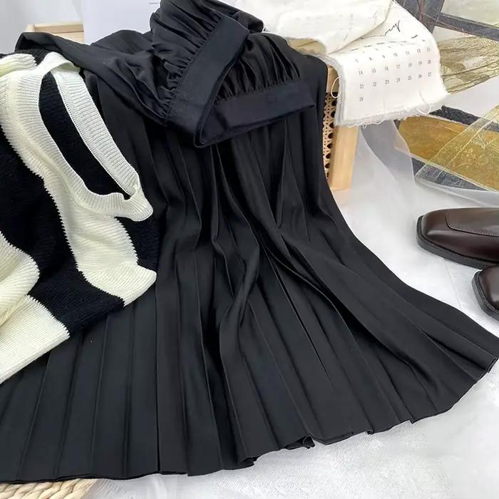 Jupe plissée élégante taille haute pour femme 2026, jupe midi mi-longue noire de haute qualité