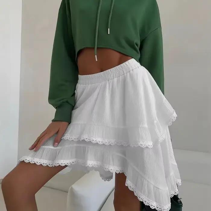 Jupe mi-longue ample en dentelle blanche coupe trapèze pour femme – Collection Été 2026