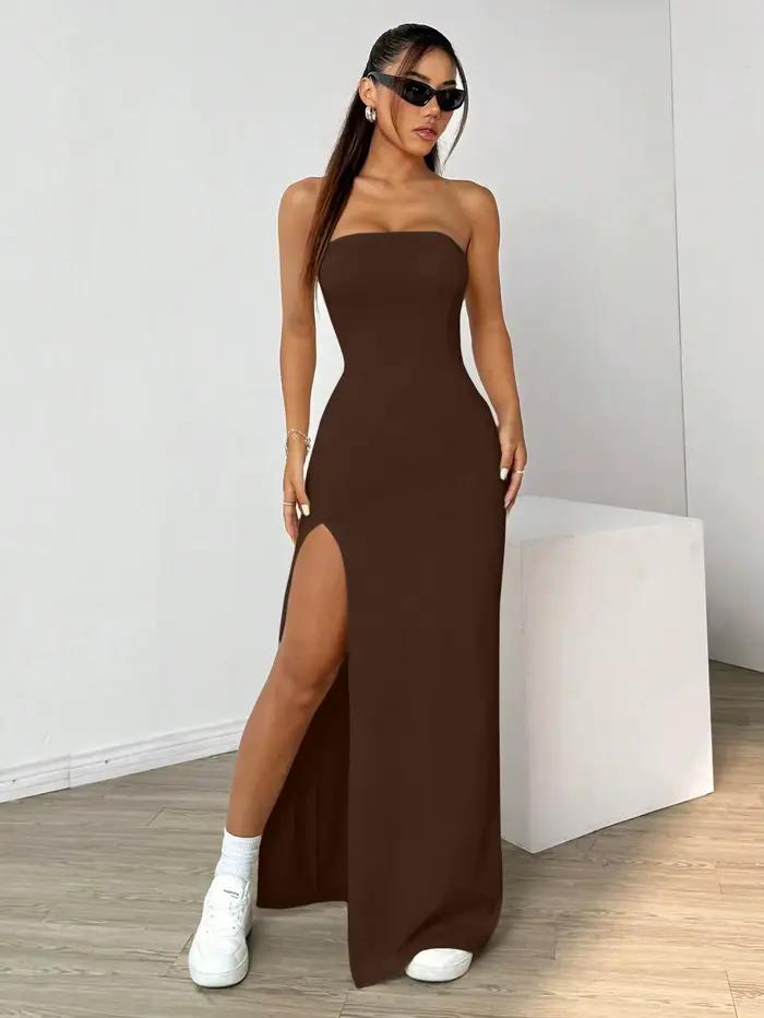 Jupe longue élégante sans bretelles pour femmes, fente simple, basique, unie, parfaite pour les sort