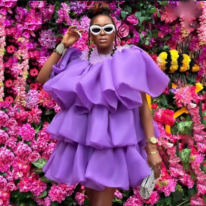 Robes de bal bouffantes en Tulle violet d'autruche, manches courtes, longueur aux genoux, Style Cupc