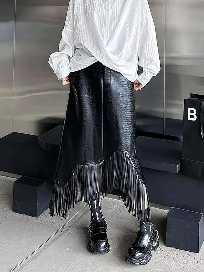[EWQ] taille élastique jupe à franges noir à la mode vêtements pour femmes élégant taille haute a-li