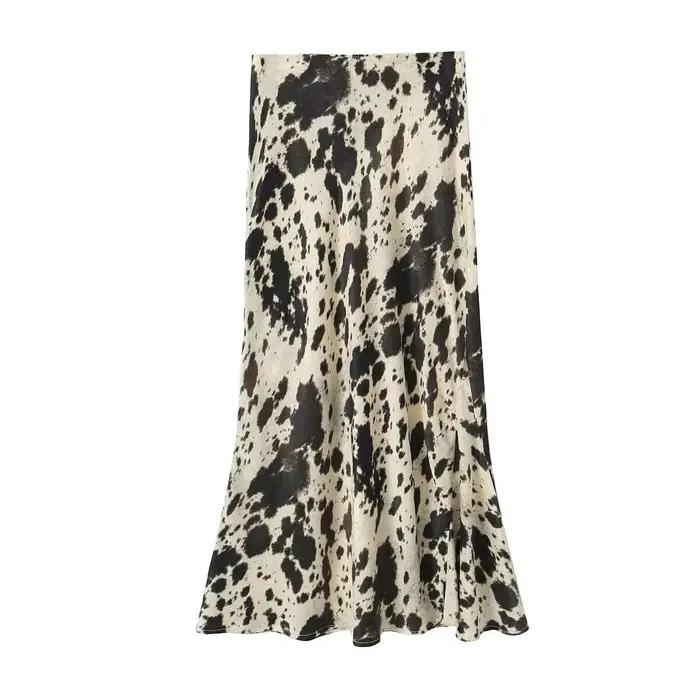 Jupe mi-longue taille haute en satin de soie à imprimé animal, tendance printemps-été pour femmes