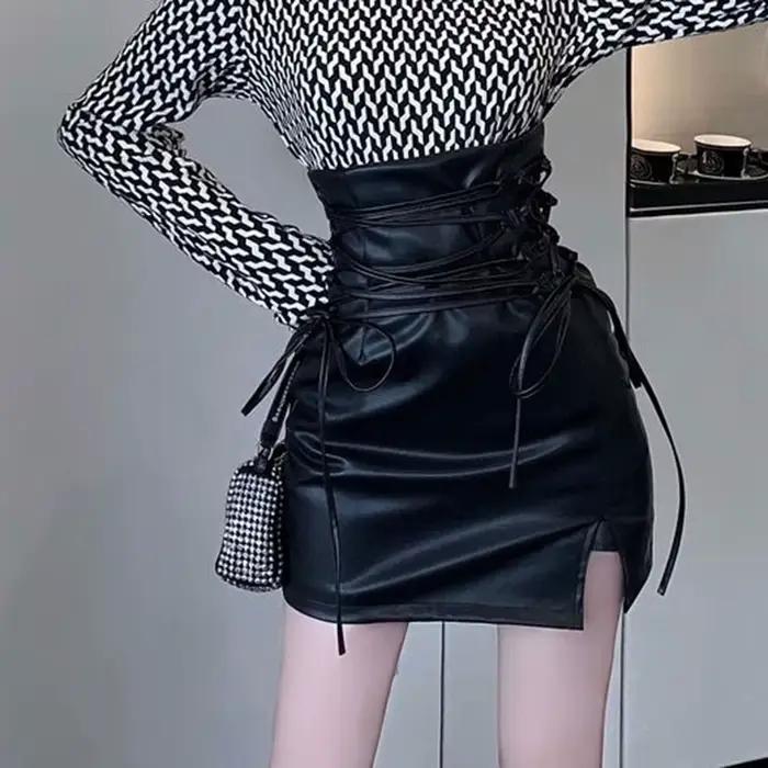 Mini jupes gothiques en cuir noir pour femmes, taille haute, coupe cintrée, jupe crayon à lacets, Se
