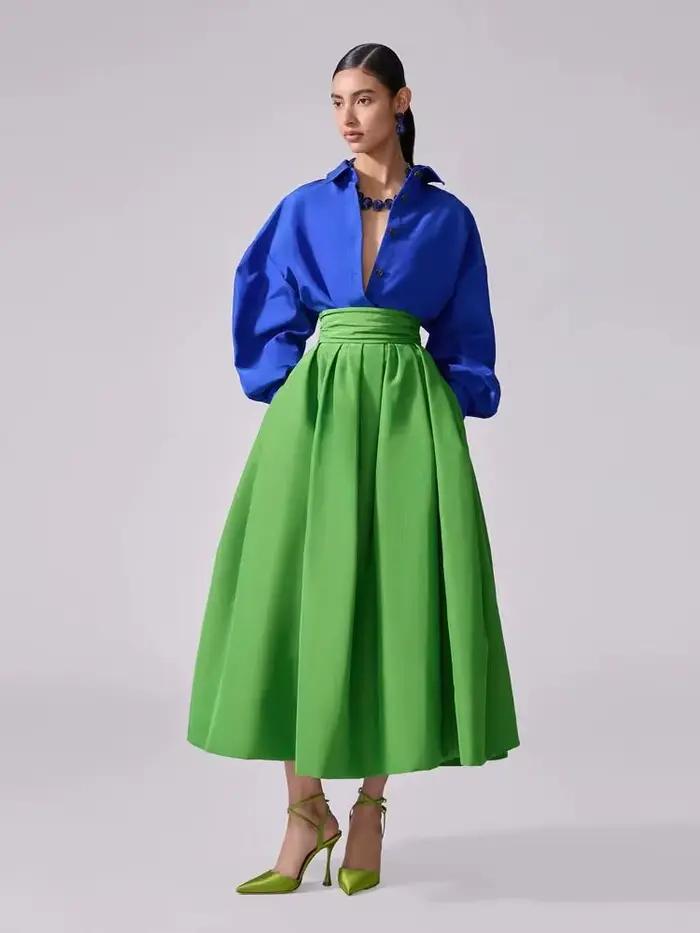 Jupe trapèze en Satin vert clair pour femmes, avec poches pliables, longueur cheville, jupe de soiré