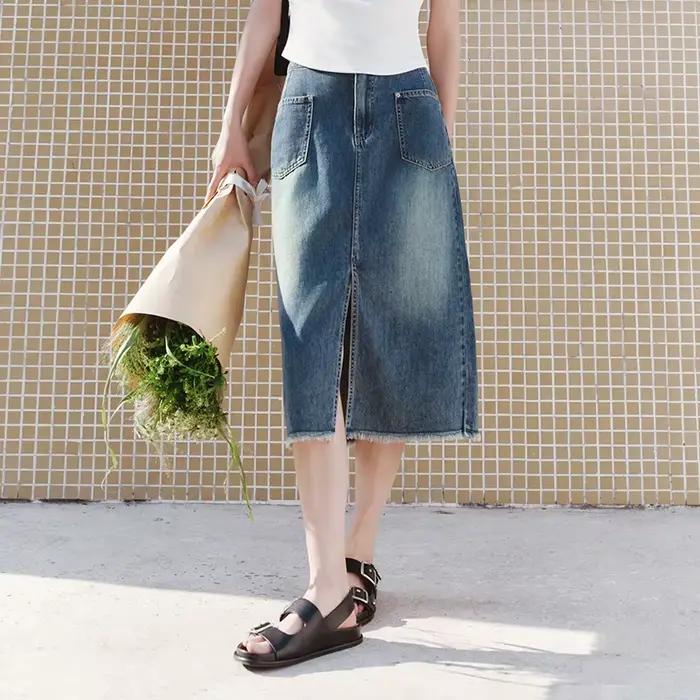 Jupe longue en jean Semir pour femme, taille haute, fendue, effilochée, vintage, délavée, coupe droi