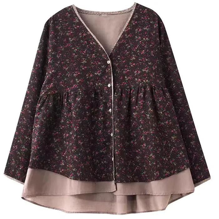 Chemisier en coton et lin à manches longues pour femmes, chemise à col en V en dentelle, imprimé flo