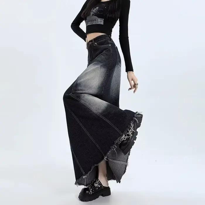 Jupe en jean Cargo taille haute délavée, Vintage rétro, longue ligne a, mi-longue, Maxi, bord brut, 