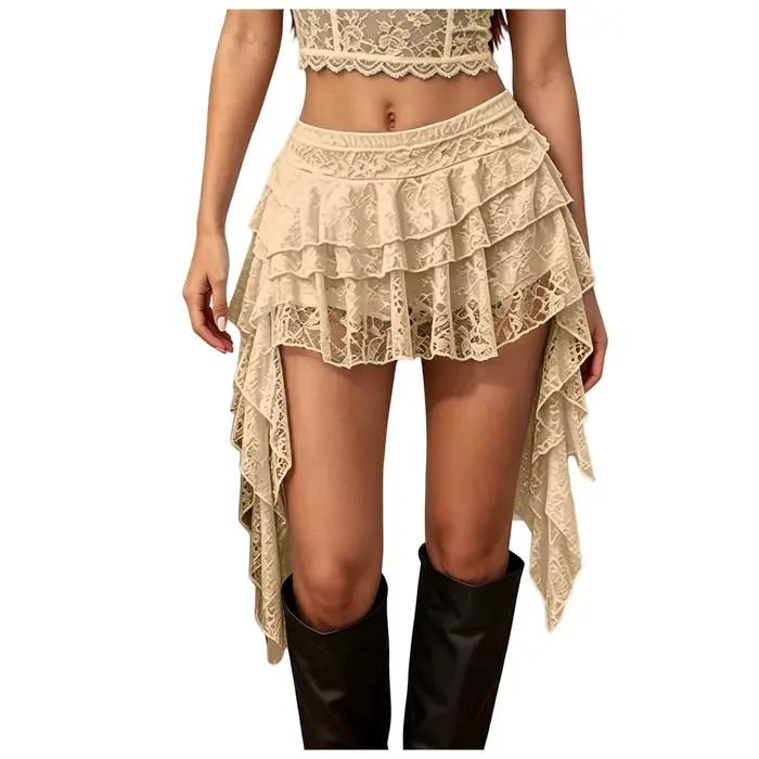 Mini-jupe femme en dentelle à ourlet irrégulier et franges, taille haute, fluide, style rétro gothiq