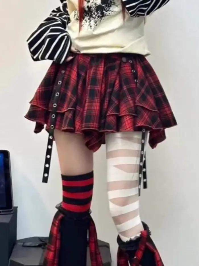 Jupe asymétrique à carreaux avec bretelles, taille haute, style Harajuku, mini-jupe Kpop Punk Gothiq