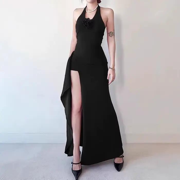 Robe à col suspendu, robe longue d'été coupe cintrée pour femmes, sac de taille et jupe cintrée aux 