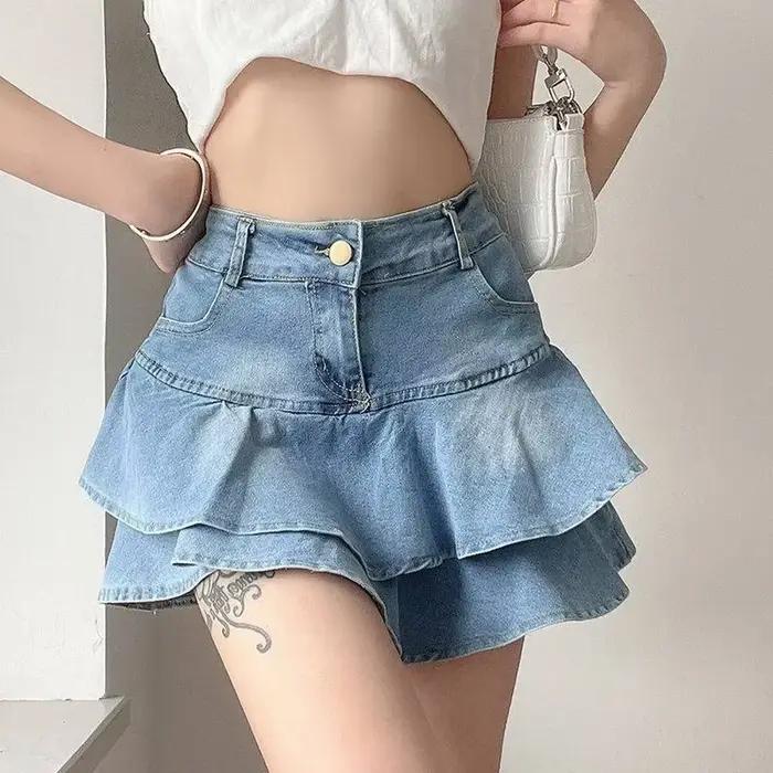 Jupe courte en jean à volants, double couche, polyvalente, gâteau, haute audiminceur, anti-absorbe o