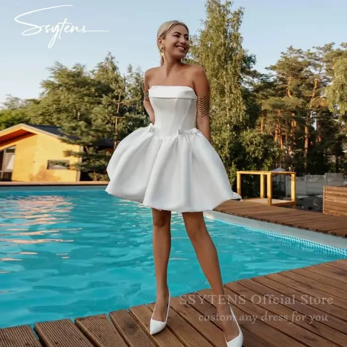 SSYTENS Robes de mariée blanches sans bretelles, coupe courte ligne A, pour cérémonie civile, avec n