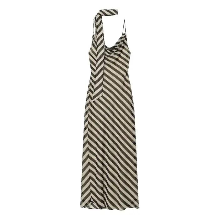 Robe longue d'été pour femme, nouvelle collection, imprimé rayé, col foulard chic, bretelles spaghet