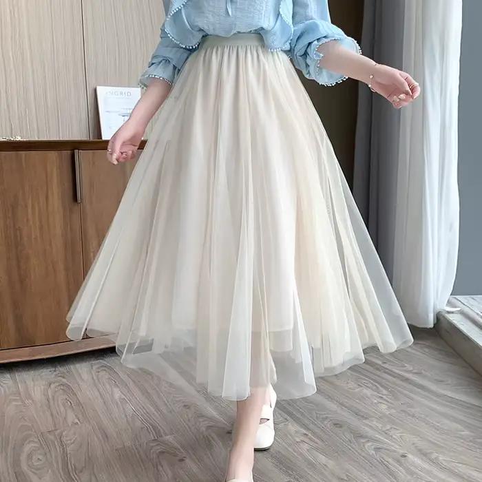 Midi Tulle gaze jupe nouvelle mode féminine taille haute mi-longue taille élastique a-ligne princess
