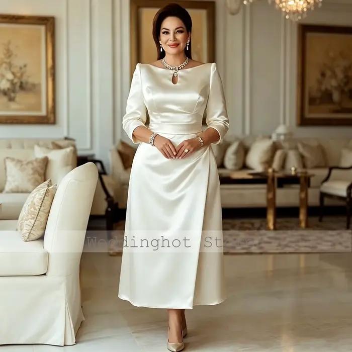 Robe de Cérémonie Élégante Personnalisée pour Mère de la Mariée, Longueur Midi, Manches 3/4, Col Bat