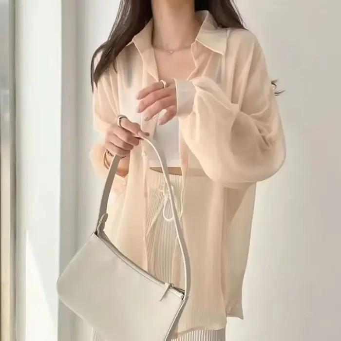 Femmes Chemise À Manches Longues Top Chemisier Femme En Mousseline De Soie Lâche Sexy Solide D'été C