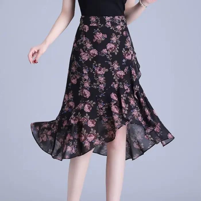 Jupe mi-longue à volants pour femmes, motif Floral, noire, Vintage, Y2k, Style coréen, Chic et éléga