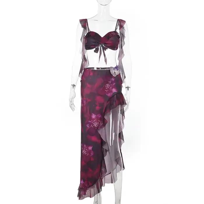 Ensemble imprimé à volants 2026 Nouvelle collection été – Ensemble jupe fendue sexy