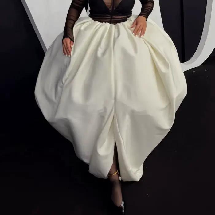 Jupe longue plissée fendue taille haute en satin bouffant pour femme, style A-line, tendance, de cré