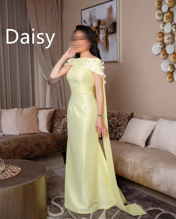 Robe de soirée fourreau longue pour fête de mariage, sur mesure, fleurs jaunes, sans bretelles, châl